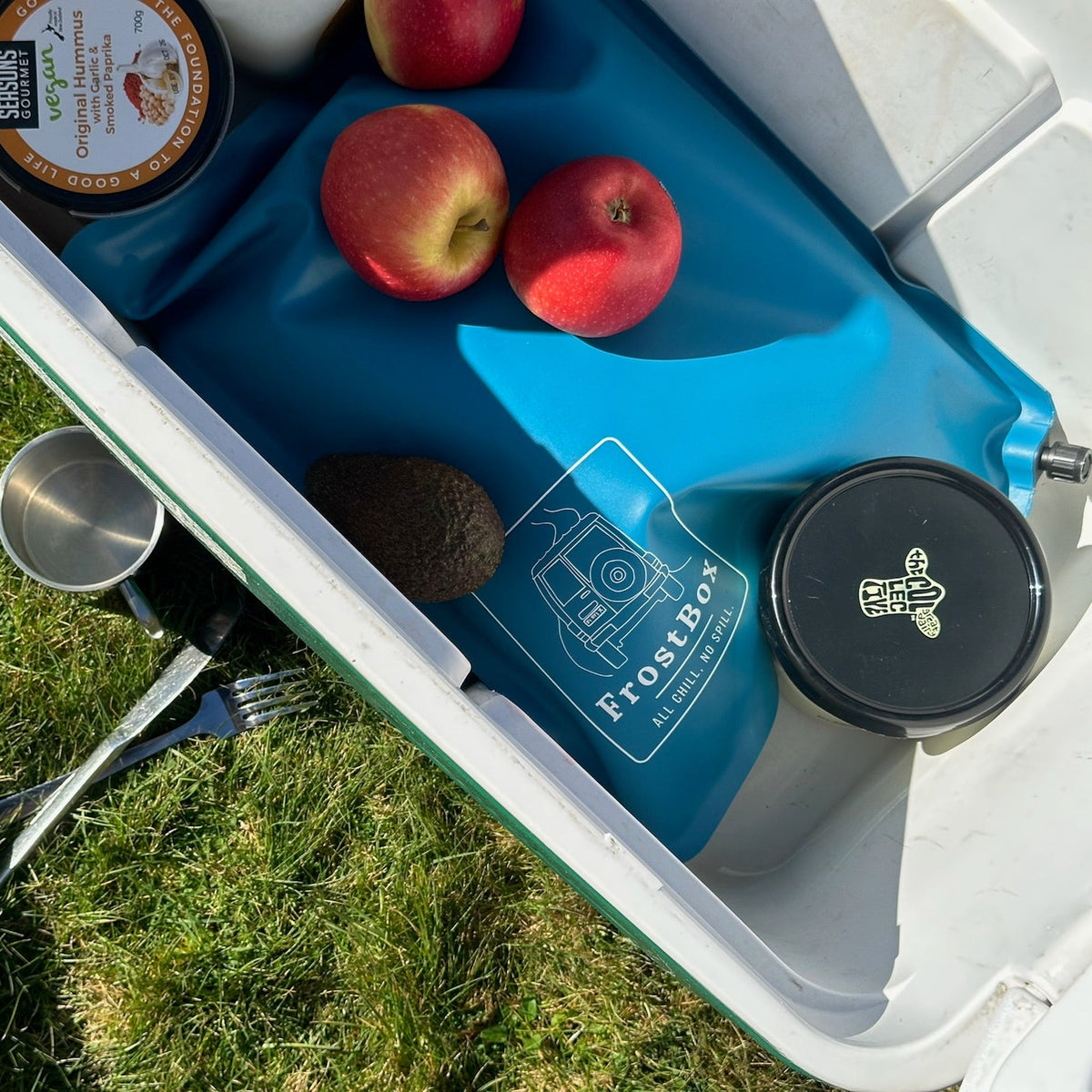 Tasman Blue FrostBox ice bag inside a chilly bin 