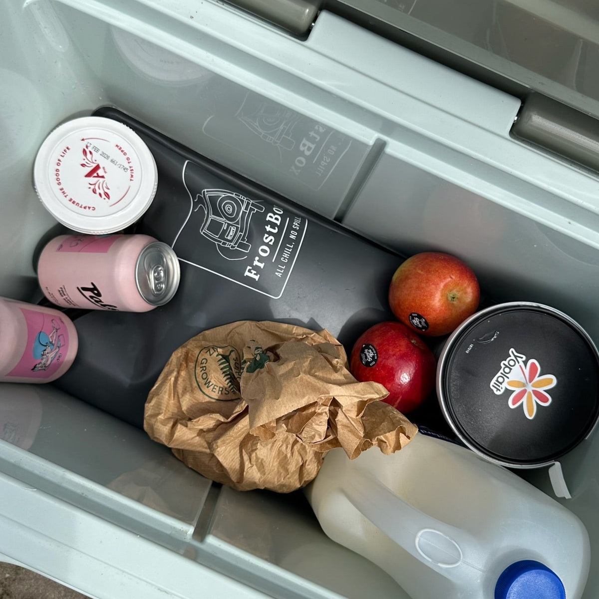 Dry food packed in a chilly bin with a FrostBox ice bag